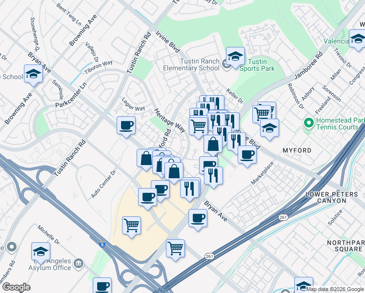 map of restaurants, bars, coffee shops, grocery stores, and more near 13385 Savanna in Tustin