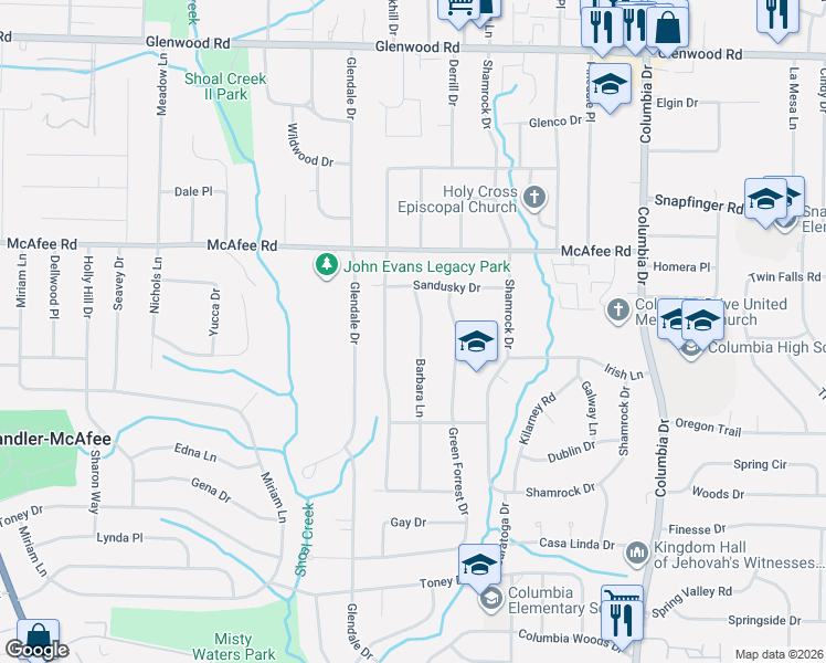 map of restaurants, bars, coffee shops, grocery stores, and more near 2089 Barbara Lane in Decatur