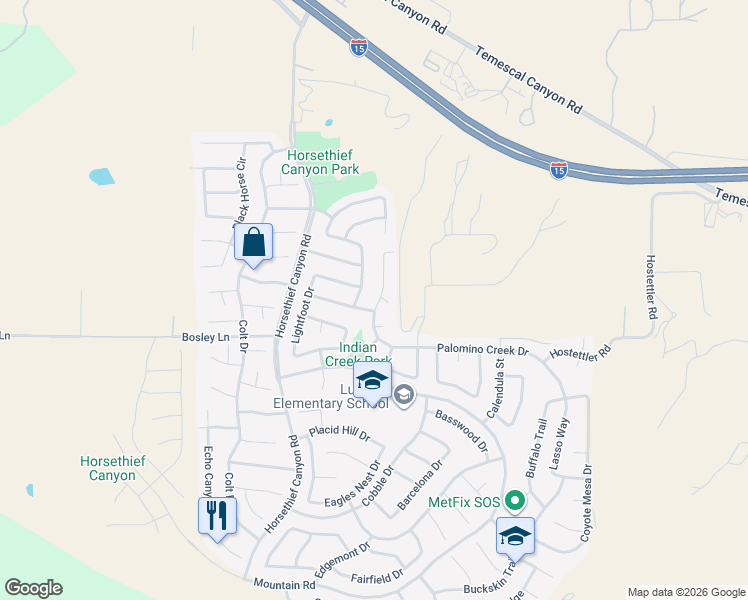 map of restaurants, bars, coffee shops, grocery stores, and more near 26915 Eagle Run Street in Corona