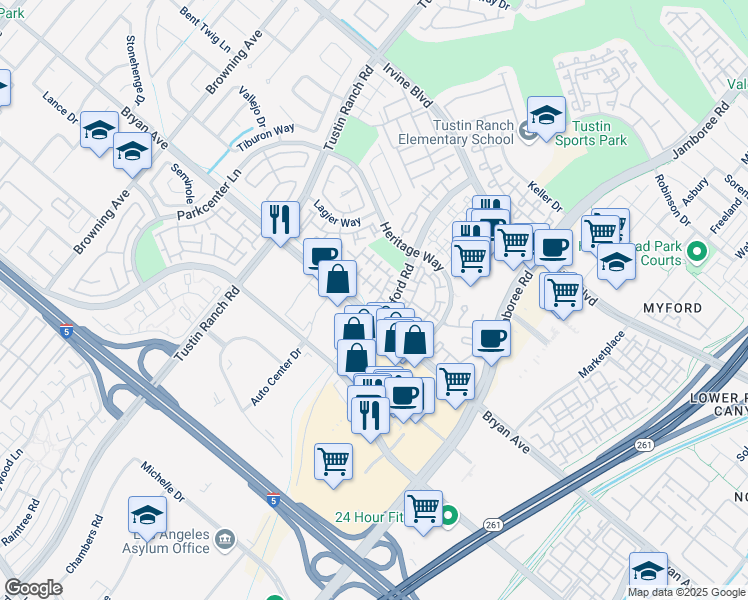 map of restaurants, bars, coffee shops, grocery stores, and more near 13475 South Cook Court in Tustin