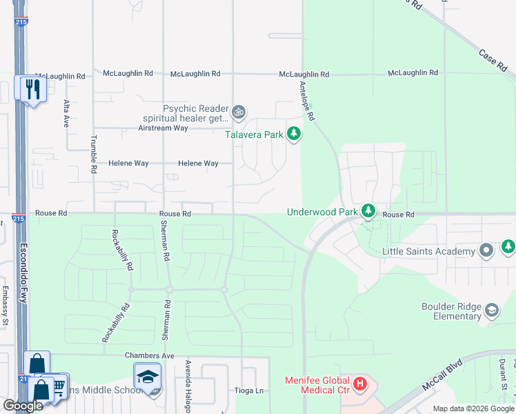 map of restaurants, bars, coffee shops, grocery stores, and more near Rouse Road in Menifee