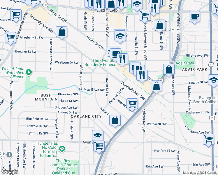 map of restaurants, bars, coffee shops, grocery stores, and more near 958 Lawton Street Southwest in Atlanta