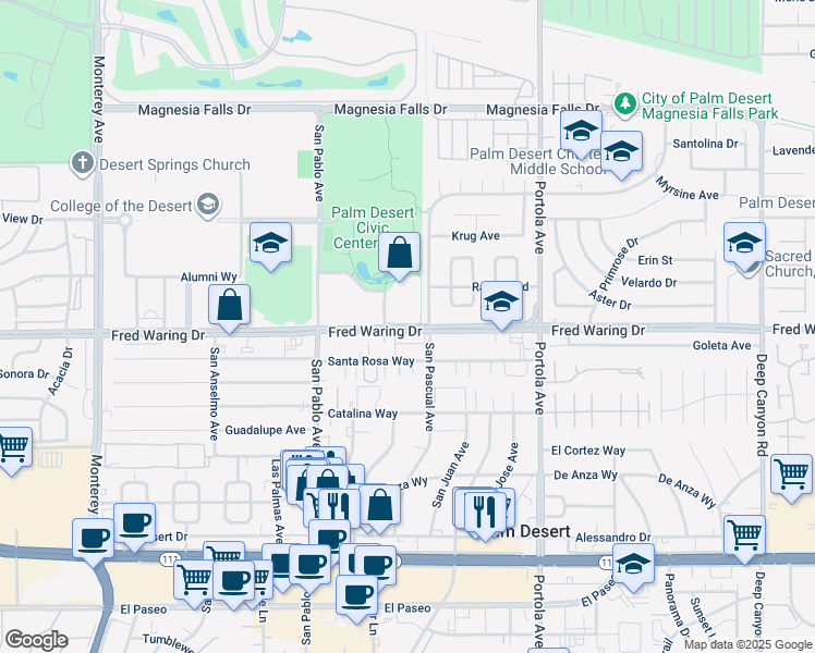 map of restaurants, bars, coffee shops, grocery stores, and more near 73710 Fred Waring Drive in Palm Desert