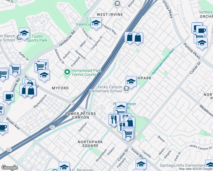 map of restaurants, bars, coffee shops, grocery stores, and more near 502 Terra Bella in Irvine