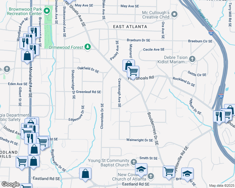 map of restaurants, bars, coffee shops, grocery stores, and more near 2115 Cavanaugh Avenue Southeast in Atlanta