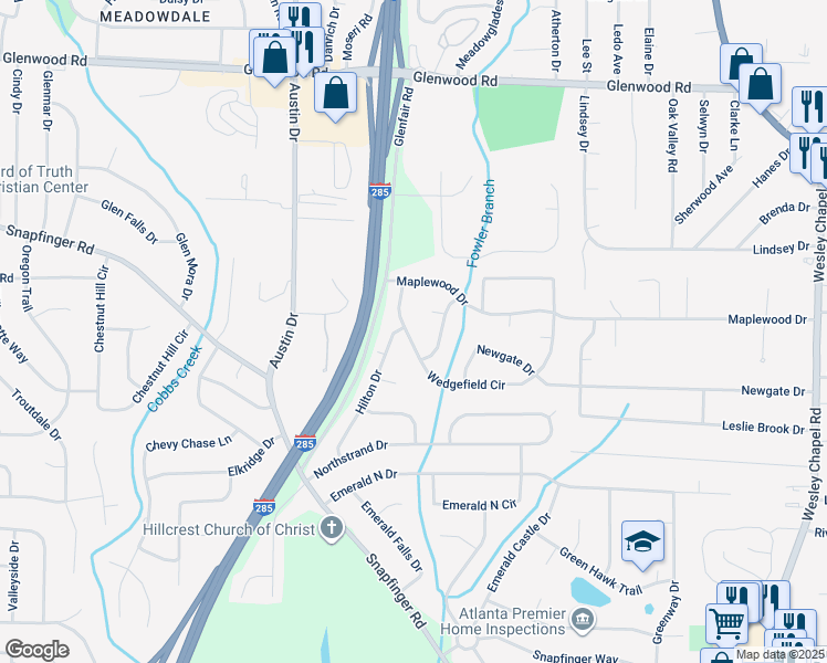 map of restaurants, bars, coffee shops, grocery stores, and more near 3874 Wedgefield Circle in Decatur