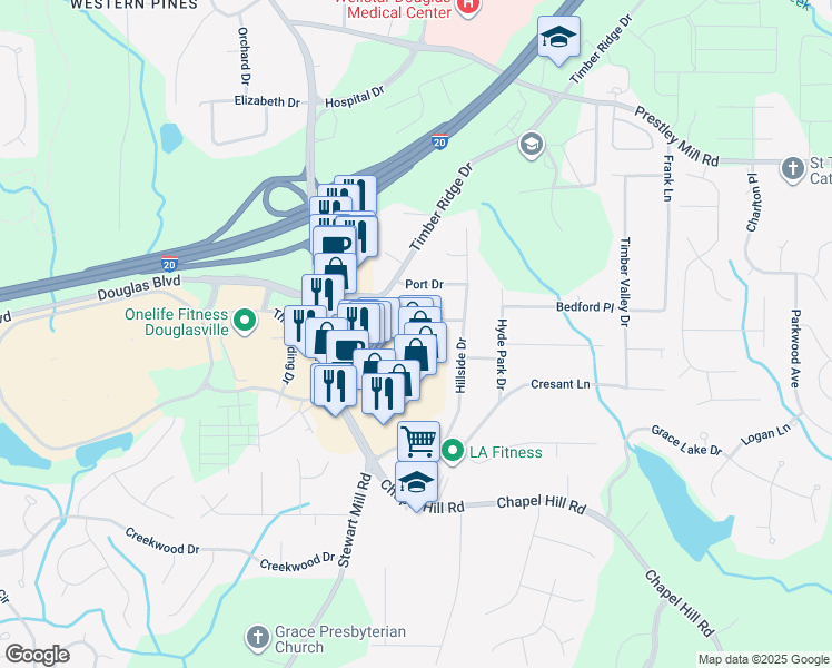 map of restaurants, bars, coffee shops, grocery stores, and more near 4839 Lehigh Drive in Douglasville