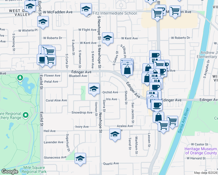 map of restaurants, bars, coffee shops, grocery stores, and more near 16130 Evans Circle in Fountain Valley