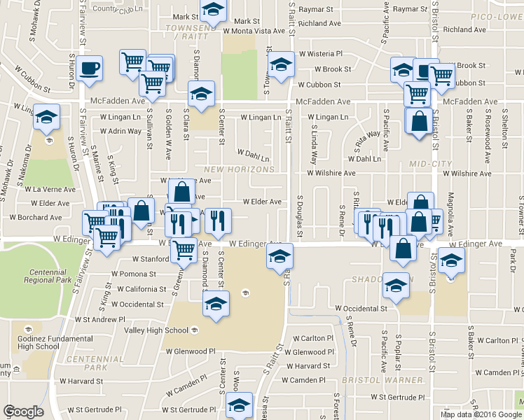 map of restaurants, bars, coffee shops, grocery stores, and more near 1414 South Townsend Street in Santa Ana