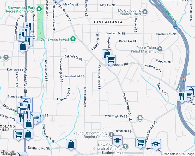map of restaurants, bars, coffee shops, grocery stores, and more near 2115 Cavanaugh Avenue Southeast in Atlanta