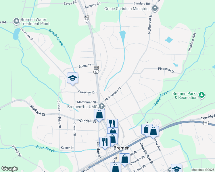map of restaurants, bars, coffee shops, grocery stores, and more near 502 Luckie Street in Bremen