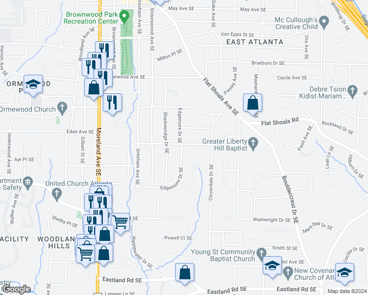 map of restaurants, bars, coffee shops, grocery stores, and more near 1181 Greenleaf Road Southeast in Atlanta