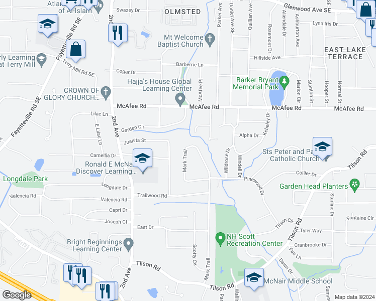 map of restaurants, bars, coffee shops, grocery stores, and more near 2073 Mark Trail in Decatur