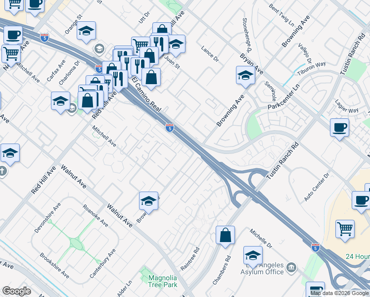 map of restaurants, bars, coffee shops, grocery stores, and more near 14031 Pinebrook Drive in Tustin
