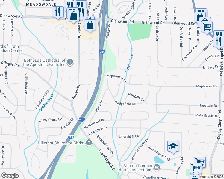 map of restaurants, bars, coffee shops, grocery stores, and more near 3874 Wedgefield Circle in Decatur