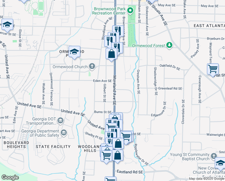 map of restaurants, bars, coffee shops, grocery stores, and more near 931 Moreland Avenue Southeast in Atlanta