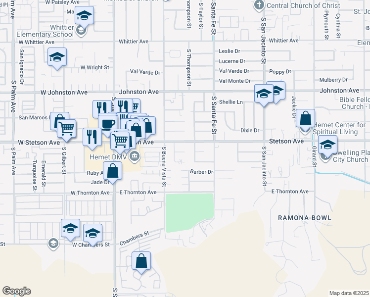 map of restaurants, bars, coffee shops, grocery stores, and more near 660 Vista De Loma in Hemet