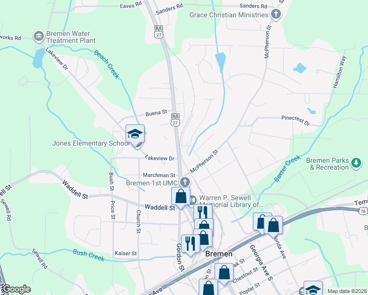 map of restaurants, bars, coffee shops, grocery stores, and more near 99 Bush Street in Bremen