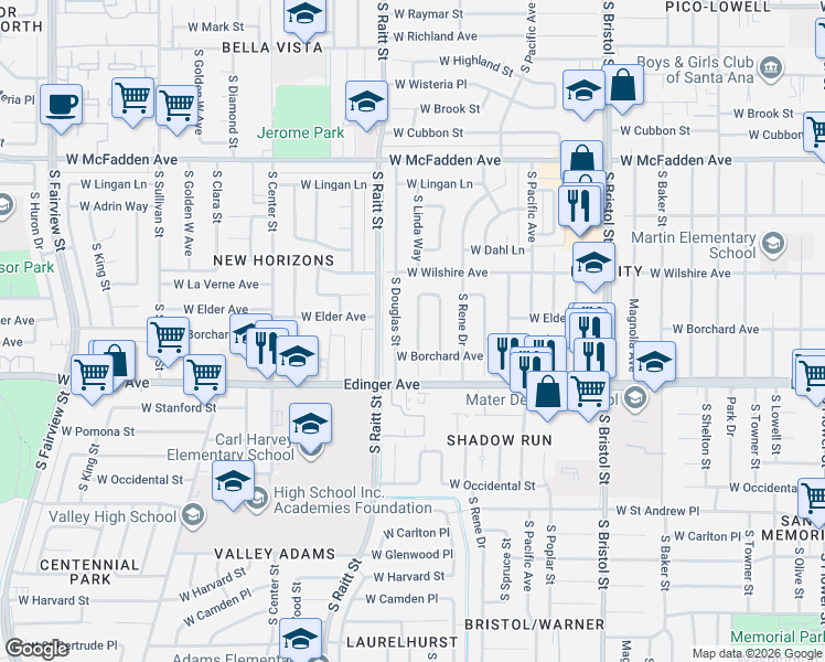 map of restaurants, bars, coffee shops, grocery stores, and more near 1342 South Joane Way in Santa Ana