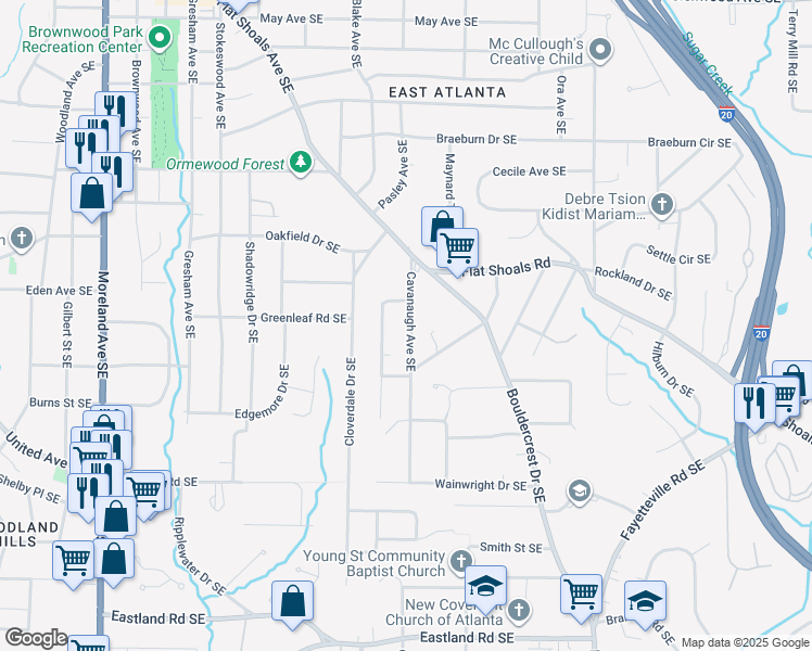 map of restaurants, bars, coffee shops, grocery stores, and more near 2115 Cavanaugh Avenue Southeast in Atlanta