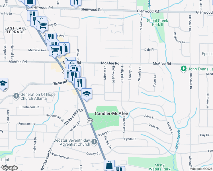 map of restaurants, bars, coffee shops, grocery stores, and more near 2096 Miriam Lane in Decatur