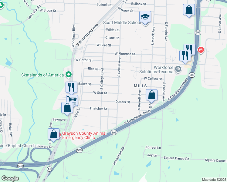 map of restaurants, bars, coffee shops, grocery stores, and more near 2730 South Scullin Avenue in Denison