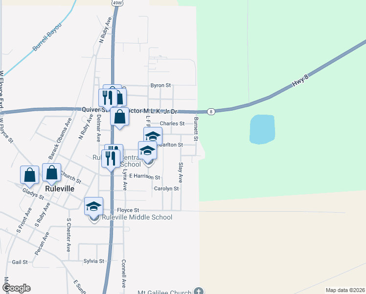 map of restaurants, bars, coffee shops, grocery stores, and more near 901 Carlton Street in Ruleville