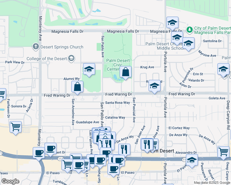 map of restaurants, bars, coffee shops, grocery stores, and more near 73600 Fred Waring Drive in Palm Desert
