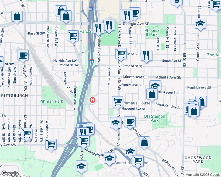 map of restaurants, bars, coffee shops, grocery stores, and more near 946 Crew Street Southwest in Atlanta