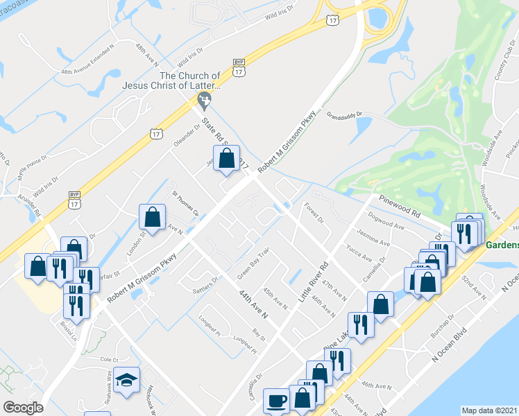 map of restaurants, bars, coffee shops, grocery stores, and more near 4708 Bermuda Way in Myrtle Beach