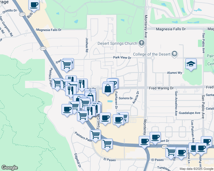 map of restaurants, bars, coffee shops, grocery stores, and more near 72670 Fred Waring Drive in Palm Desert