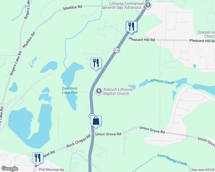 map of restaurants, bars, coffee shops, grocery stores, and more near 2112 Rock Chapel Road in Lithonia