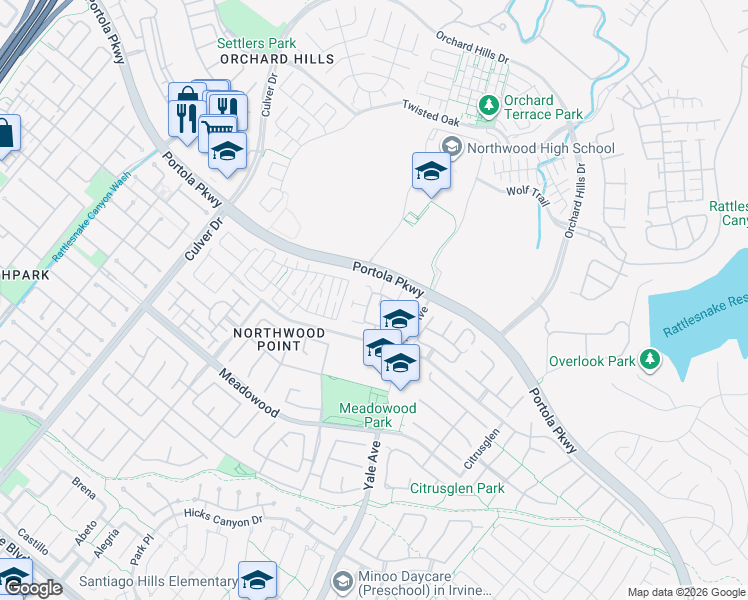 map of restaurants, bars, coffee shops, grocery stores, and more near 2010 Timberwood in Irvine