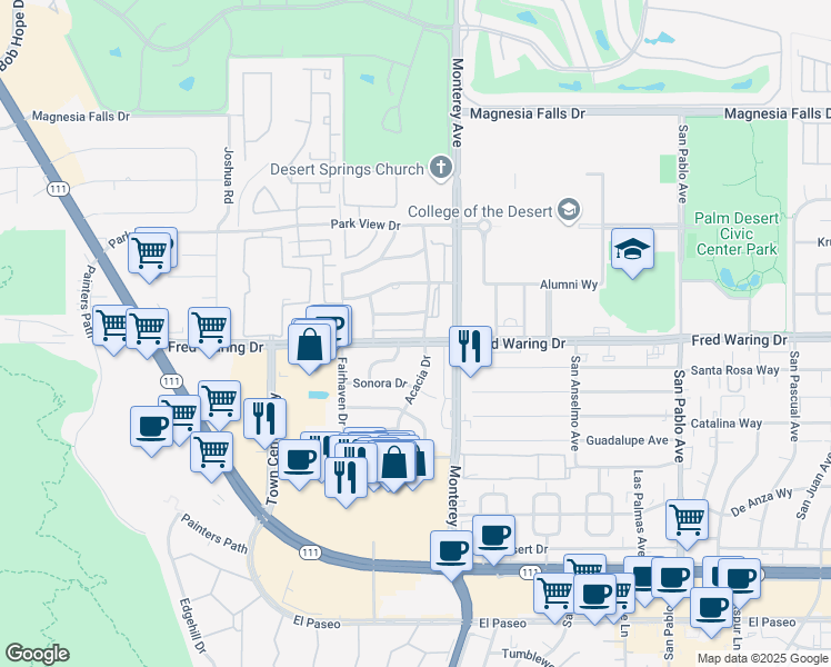 map of restaurants, bars, coffee shops, grocery stores, and more near 72880 Fred Waring Drive in Palm Desert