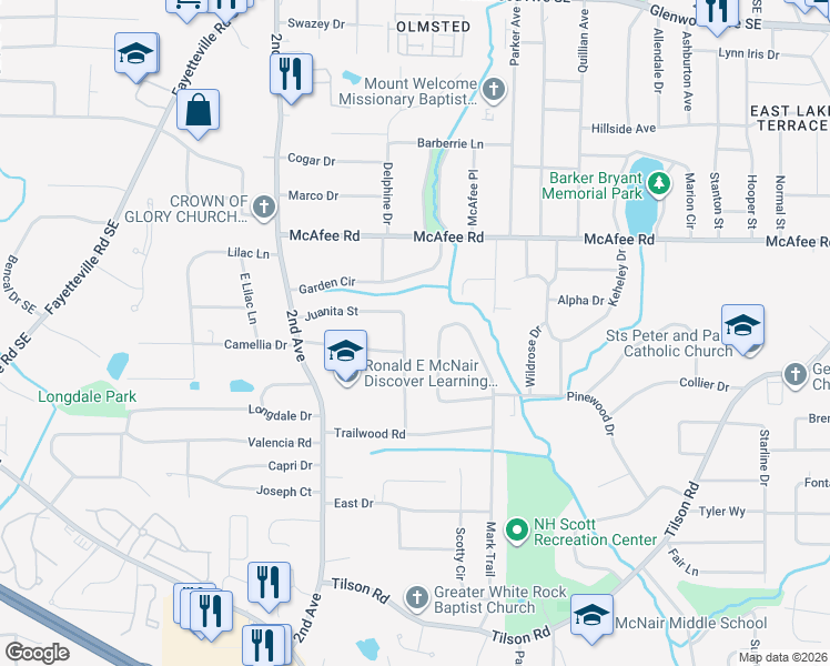map of restaurants, bars, coffee shops, grocery stores, and more near 2112 Juanita Street in Decatur