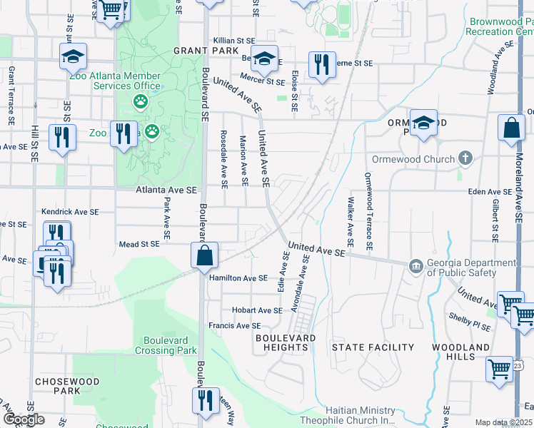 map of restaurants, bars, coffee shops, grocery stores, and more near 845 United Avenue Southeast in Atlanta