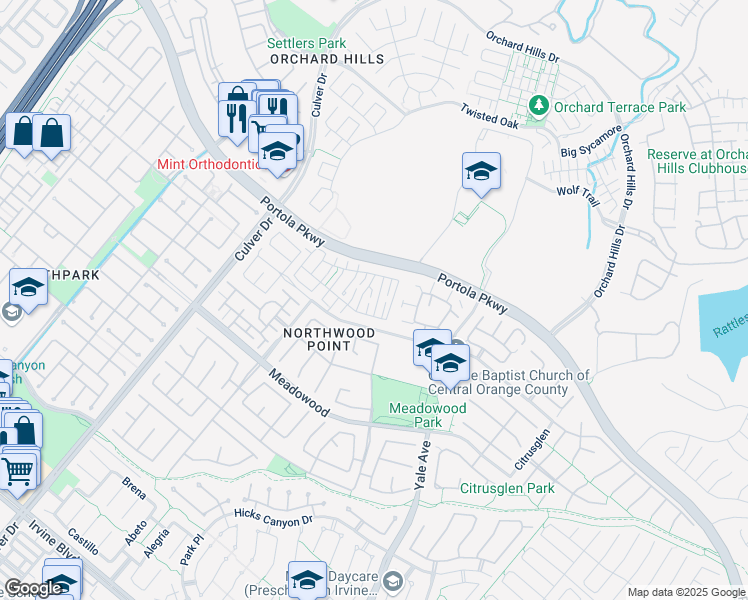 map of restaurants, bars, coffee shops, grocery stores, and more near 55 Essex Lane in Irvine