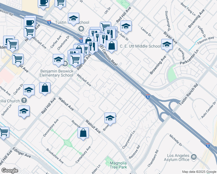 map of restaurants, bars, coffee shops, grocery stores, and more near in Tustin