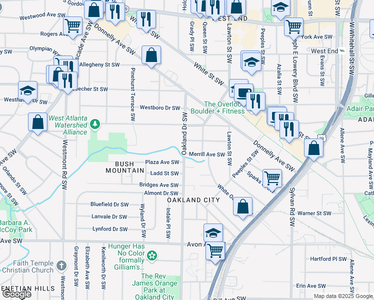map of restaurants, bars, coffee shops, grocery stores, and more near 956 Oakland Drive Southwest in Atlanta