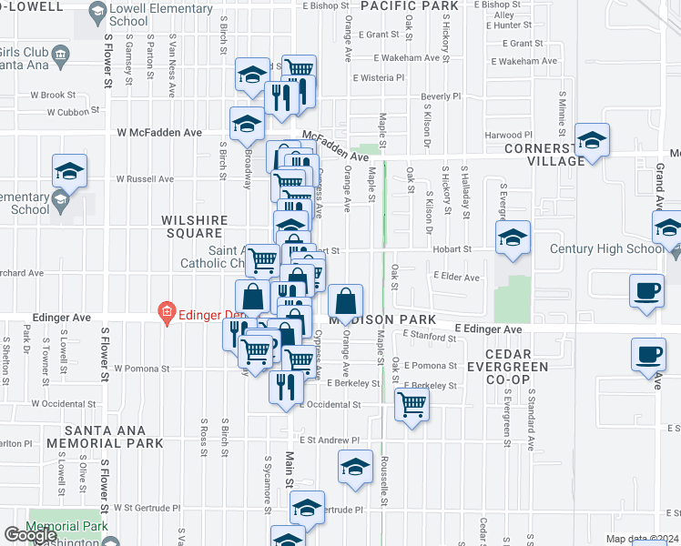 map of restaurants, bars, coffee shops, grocery stores, and more near 1422 Orange Avenue in Santa Ana