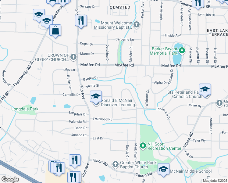 map of restaurants, bars, coffee shops, grocery stores, and more near 2112 Juanita Street in Decatur