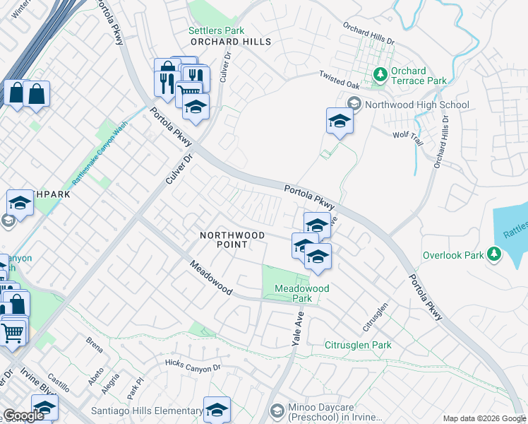 map of restaurants, bars, coffee shops, grocery stores, and more near 55 Essex Lane in Irvine