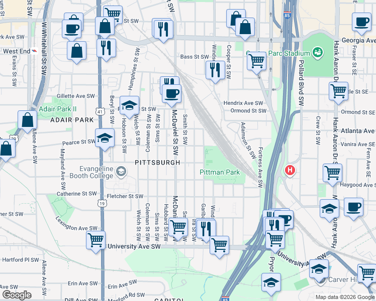 map of restaurants, bars, coffee shops, grocery stores, and more near 950 Smith Street Southwest in Atlanta
