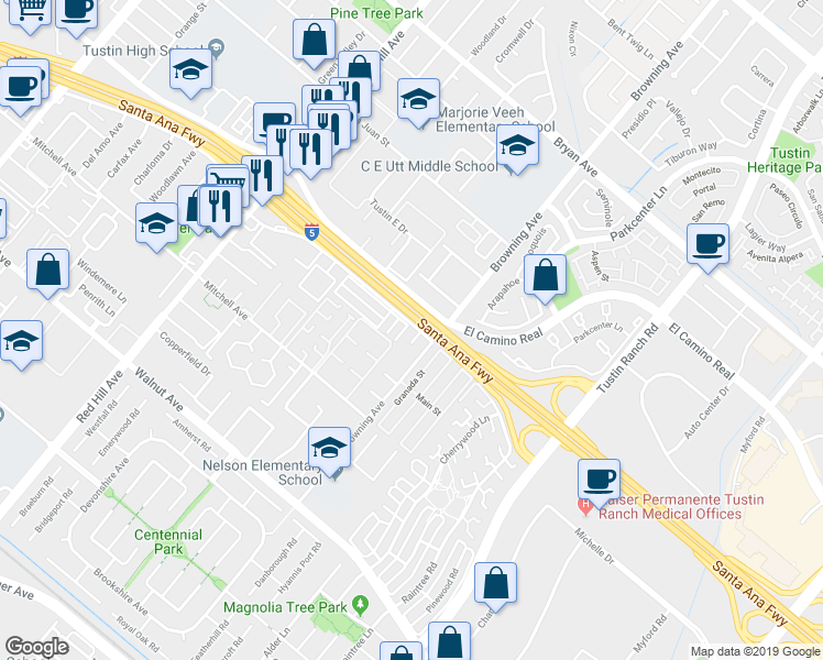 map of restaurants, bars, coffee shops, grocery stores, and more near 14031 Pinebrook Drive in Tustin