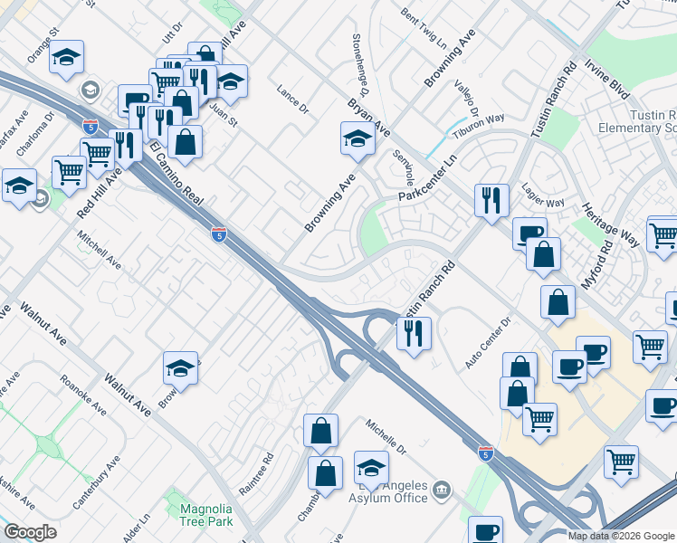 map of restaurants, bars, coffee shops, grocery stores, and more near 2052 Cherokee in Tustin