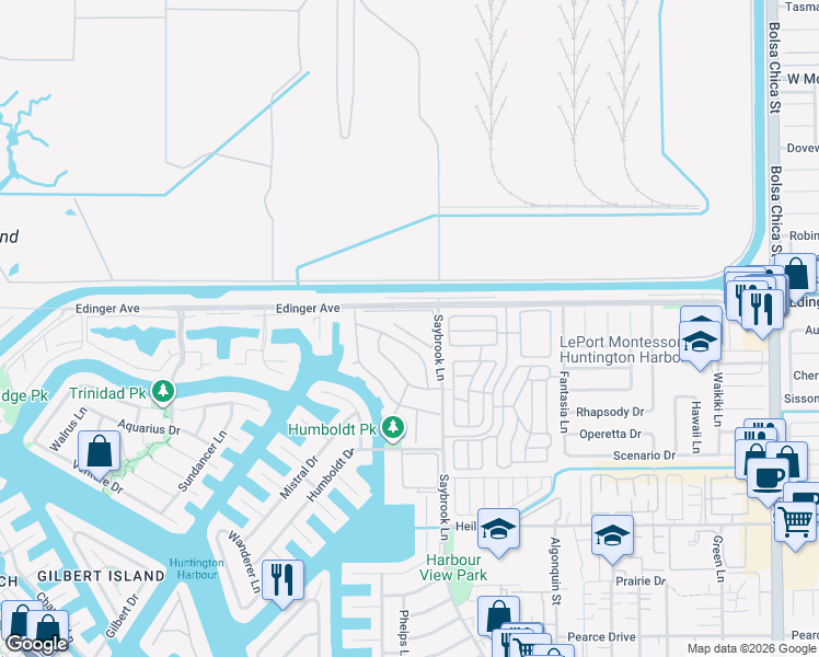 map of restaurants, bars, coffee shops, grocery stores, and more near 4179 Andros Circle in Huntington Beach