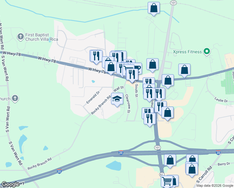 map of restaurants, bars, coffee shops, grocery stores, and more near 606 Rocky Branch Road in Villa Rica