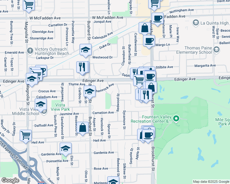 map of restaurants, bars, coffee shops, grocery stores, and more near 16096 Mesquite Circle in Fountain Valley