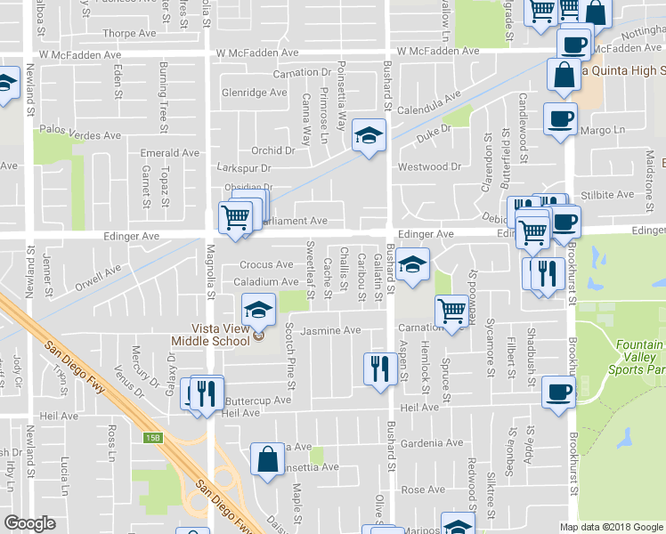 map of restaurants, bars, coffee shops, grocery stores, and more near 16094 Cache Street in Fountain Valley