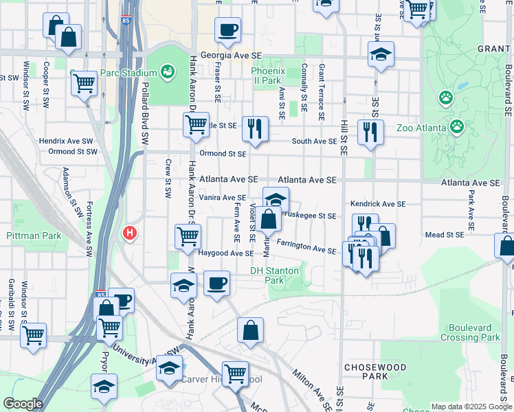 map of restaurants, bars, coffee shops, grocery stores, and more near 934 Violet Street Southeast in Atlanta